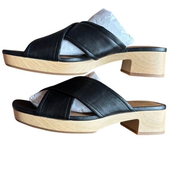Nordstrom Rack Black Leather Crisscross Open-Toe Slip-On Sandals With Wooden Blo - Picture 7 of 10